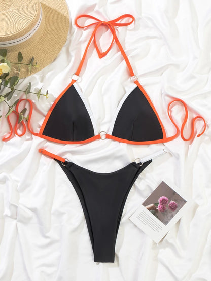 Swim Mod Summer Beach Contrast Binding Ring Linked Triangle Bikini Set