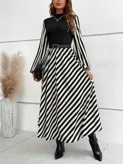 Calvaya Striped Mock Neck Lantern Sleeve Dress without Belt Maxi Women Outfit Fall Cloth for Women