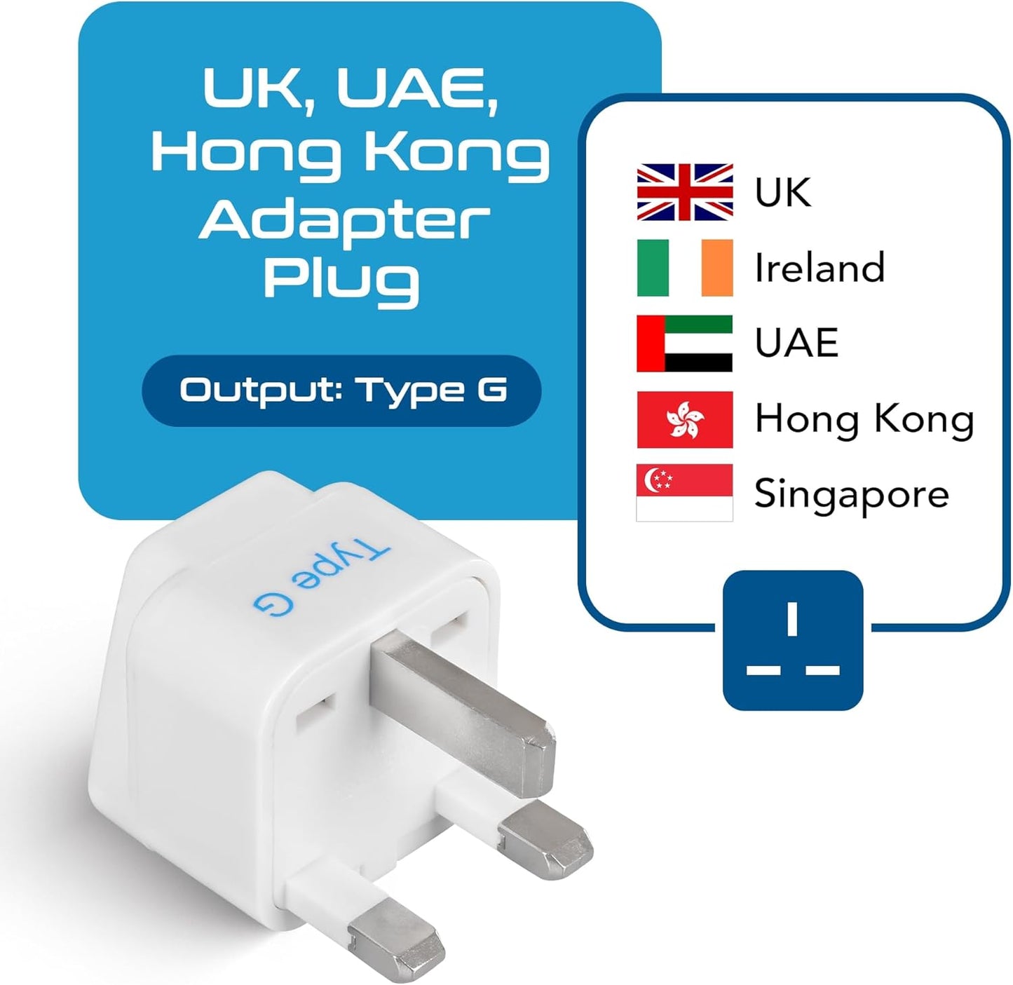 UK, Hong Kong, Ireland, UAE Travel Plug Adapter (Type G) - 3 Pack [Grounded & Universal] (GP-7-3PK), White, Standard