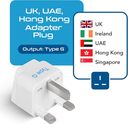 UK, Hong Kong, Ireland, UAE Travel Plug Adapter (Type G) - 3 Pack [Grounded & Universal] (GP-7-3PK), White, Standard