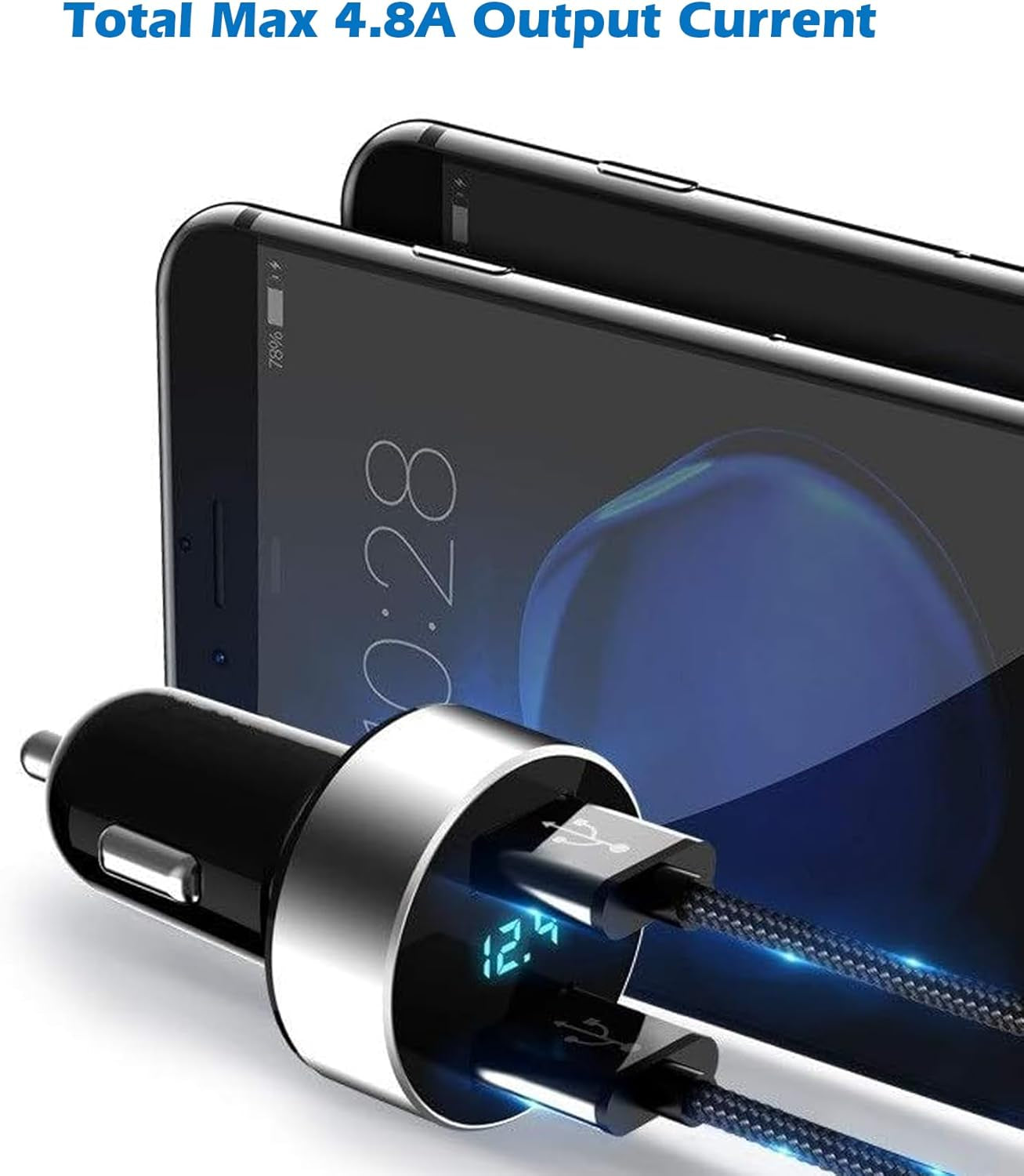 2 USB Car Charger,12V/24V Voltage Meter, Output 4.8A, Cigarette Lighter Plug Adapter Compatible with Iphone,Ipad, Samsung, USB Charging Devices, Silver