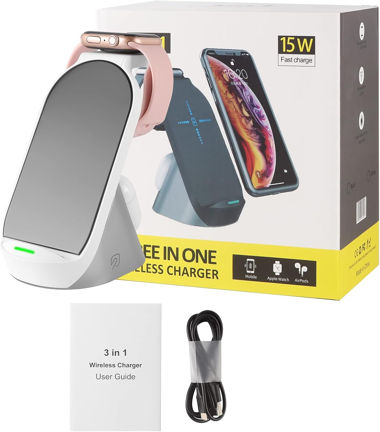Wireless Charger 3 in 1 Fast Qi Wireless Charging Station Stand Gift for Girl Boy Adult Men Women for Apple Watch 6 SE 5 4 3 2, Airpods Pro, Iphone 15/15 Plus/15 Pro Max/14/13/13 Pro/13 Mini/12/11/X