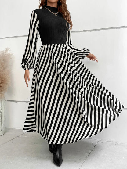 Calvaya Striped Mock Neck Lantern Sleeve Dress without Belt Maxi Women Outfit Fall Cloth for Women