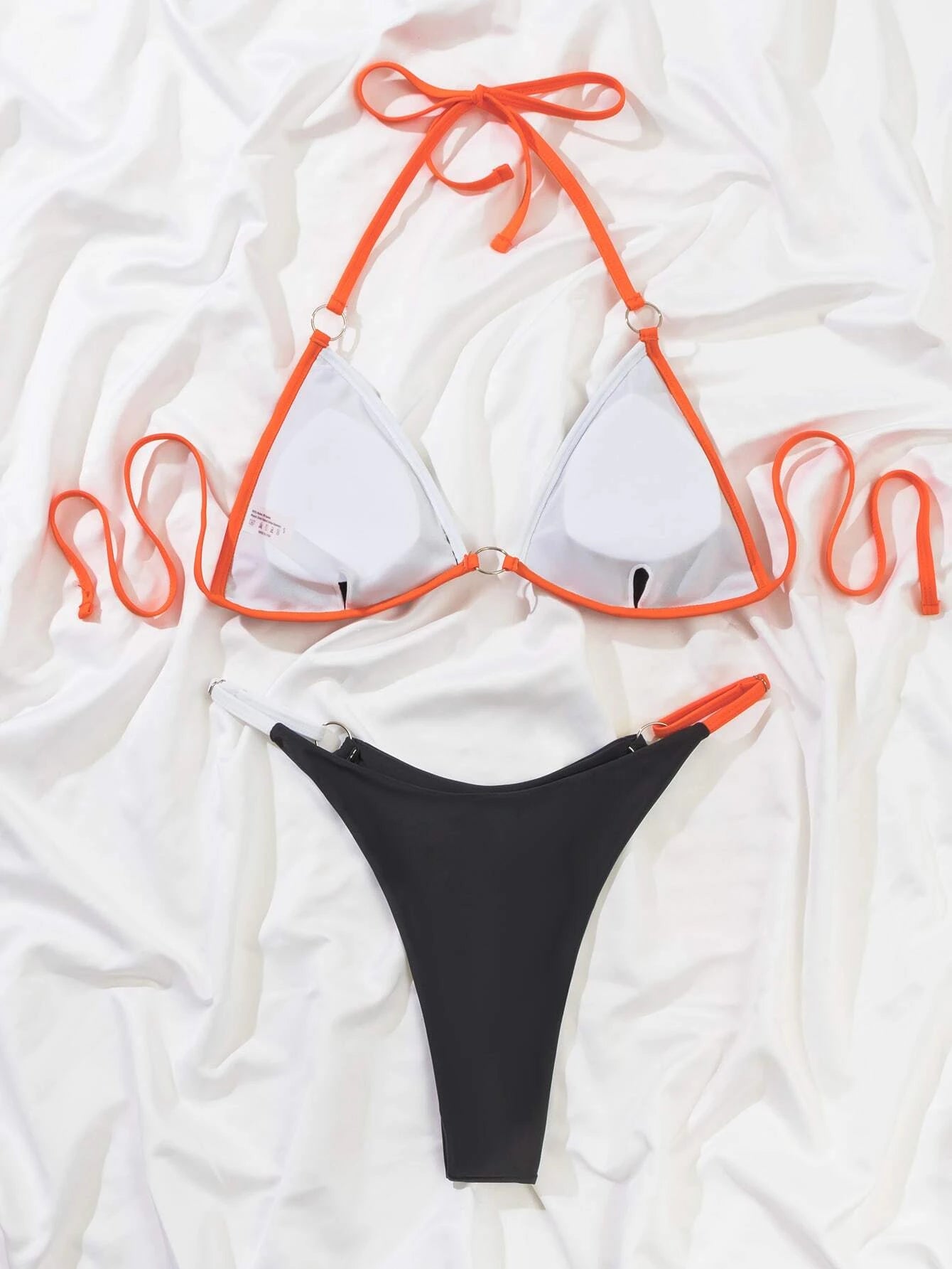 Swim Mod Summer Beach Contrast Binding Ring Linked Triangle Bikini Set