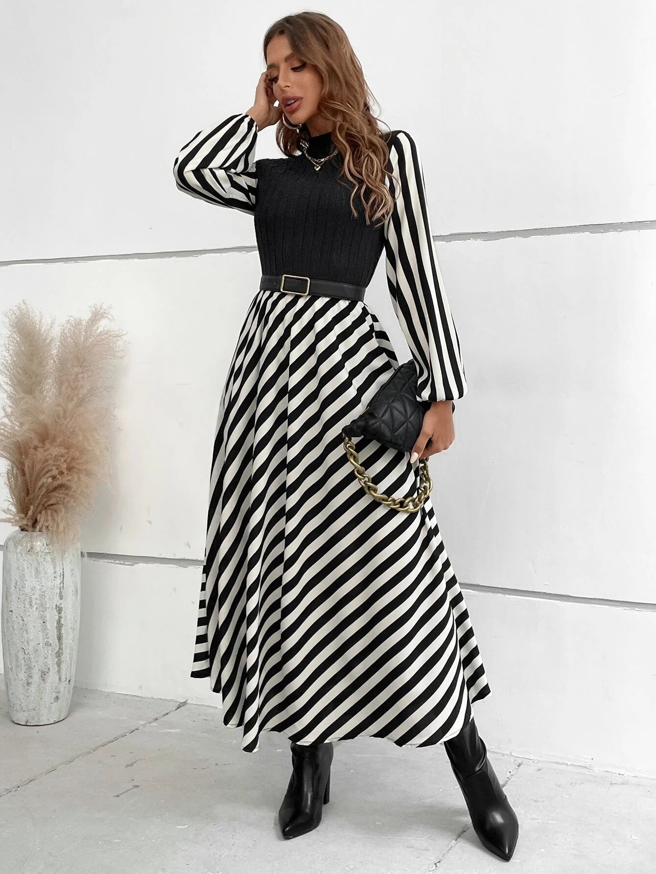 Calvaya Striped Mock Neck Lantern Sleeve Dress without Belt Maxi Women Outfit Fall Cloth for Women