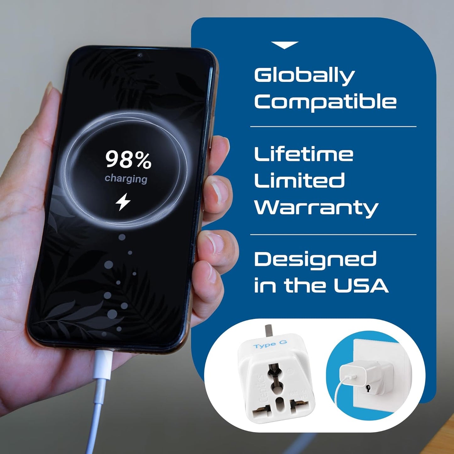 UK, Hong Kong, Ireland, UAE Travel Plug Adapter (Type G) - 3 Pack [Grounded & Universal] (GP-7-3PK), White, Standard