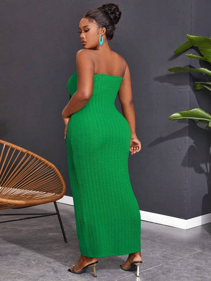 Slaydiva Women plus Size Solid Color Strapless Knotted Bodycon Dress